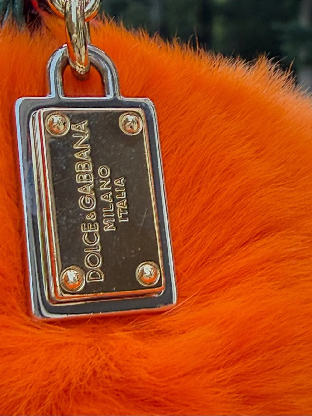Dolce & Gabbana Orange  Mink Fur Pom-Pom Keychain with Black Leaf Accent